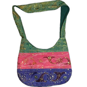 Boho fabric shoulder bag with gold embroidery and sequins green, pink & purple